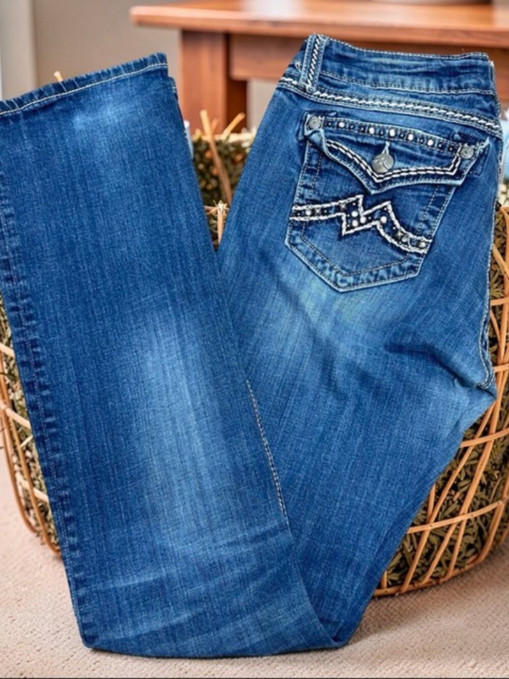 Y2K Miss Me Jean Easy Boot 30" Fit 32"x34" Embellished Rhinestones Studs (80